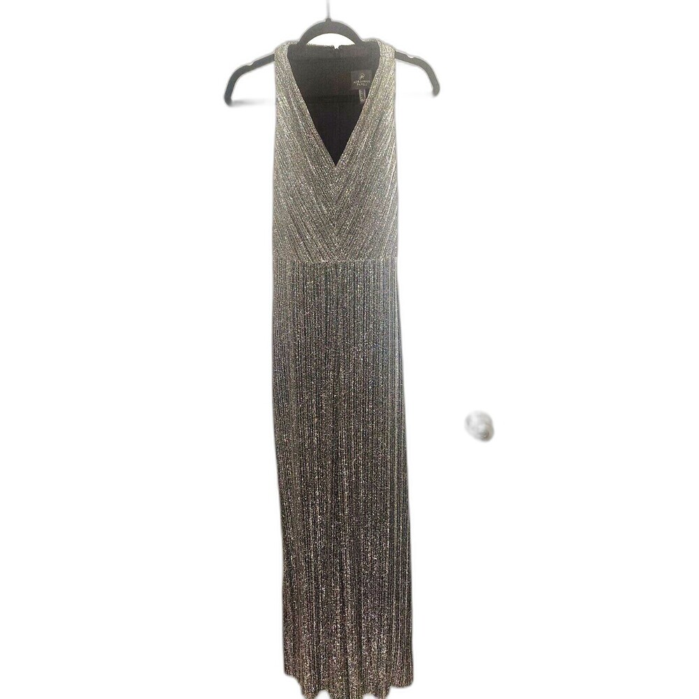 Adrianna Papell Metallic Tie-Waist Jumpsuit Women’s Sz 10 Wide Leg Ribbed Silver